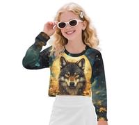 chaqlin Pull à col rond et manches longues pour filles de 5 à 14 ans, Moon Wolf., 5-6 ans