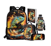 chaqlin Rusksack Lot de 5 sacs à dos isothermes pour enfants et adolescents avec jolie trousse à crayons pour la rentrée scolaire, Caméléon de feu, Ensemble cartable