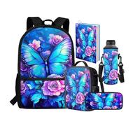 chaqlin Rusksack Lot de 5 sacs à dos pour filles - Sac à déjeuner de grande capacité - Trousse à crayons - Sac de transport pour bouteille d'eau - Housse de livre avec poche, Motif floral et papillon