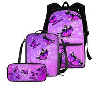chaqlin Sac à Dos Papillons en Cristal pour l'école, Sacs d'école de 16 Pouces Cartables pour Enfants, Ensemble de 3 Pcs Dames Filles Sac à Dos Thermique Lunchbox, Trousse à Crayons