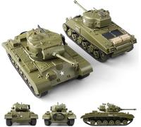 Char d'Assaut Lot de 2 Tank Sherman & Pershing M26 Télécommandé RC avec Effets Sonores et Lumineux LED, Tourelle Rotative 320 Degrés, Lanceur de Canons et Mitrailleuse, Jouet Militaire pour Enfants