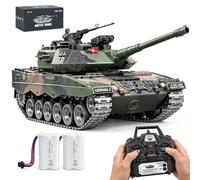 Char télécommandé Leopard 2 1:18, chenilles en métal et tir de billes BB | Camouflage vert, brun et sombre, tourelle télécommandée, fumée, lumières et sons, 2 batteries avec recharge USB.