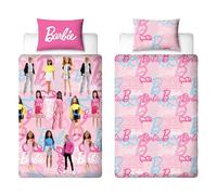 Character World Barbie Parure de lit réversible avec Housse de Couette réversible pour Enfant 2 côtés avec taie d'oreiller Assortie en Polyester Rose