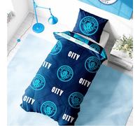 Character World Manchester City - Ensemble de housse de couette simple avec design iconique | Couverture de lit de football réversible bleue sur 2 côtés - Produit officiel comprenant des taies