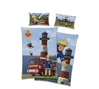 Character World - Parure de lit réversible - Avec 2 motifs Sam le pompier - 100 % linon de coton - fermeture éclair - 100 x 135 cm et 60 x 40 cm