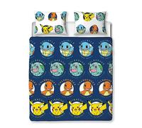 Character World Pokémon Parure de lit Double Officielle Gotta Design | Bleu réversible Pikachu Squirtle Charmander Housse de Couette 2 côtés Produit Officiel avec taies d'oreiller Assorties