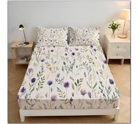 Chardon Lavande Drap Housse Microfibre 90x190x30cm Housse De Matelas 30 Cm Profondeur pour Matelas épais, Fleurs À L'Aquarelle Draps Housses Doux, Beige