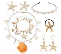Charfia Lot de 6 bijoux de sirène en forme de coquillage - Collier tendance - Bracelet - Boucles d'oreilles - Col de perle - Collier épais pour costume de sirène - Carnaval - Été - Mer - Accessoire