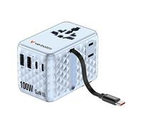Verbatim Adaptateur de voyage GaN III 100W Bleu – 2×USB‑C, 2×USB‑A, câble USB‑C rétract. QC4+/QC3