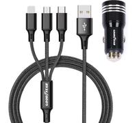 Chargeur 3 En 1 Lightning/Micro Usb/Usb-C, Prise Allume-Cigare Double Usb, Câble 120 Cm Pour Voiture