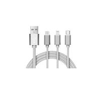 Chargeur 3 en 1 USB Micro, USB Type-C & Lightning - 1,2 Mètre Argenté-Nylon