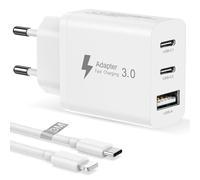 Chargeur 30W avec Cable USBC Lightning 3M pour iPhone 14/13/13 Pro Max/12/12 Mini/11/XS/XS Max/XR/SE/8 Plus/iPad, 3 Ports Chargeur Multi USB Charger Prise USB C Charge Rapide Adaptateur Secteur USB C