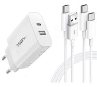 Chargeur 35W USB_C Compatible avec TCL 30+, 2 Ports PD 3.0 - QC 3.0 Chargeur Mural Super Rapide + 1 Cable USB_C + 1 Cable TC-TC - 1M