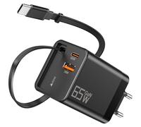Chargeur 65W USB C Rapide avec Câble Rétractable, Adaptateur GaN Tech Compatible avec MacBook Pro/Air, Power Supply pour iPhone 17/16/15/14, Samsung Galaxy S25/S24 et PC