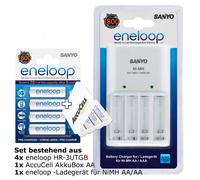 Chargeur à fiche blanc avec 4x Panasonic eneloop Standard HR-3UTG et boîte d'accus AccuCell AA