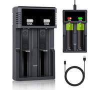 Chargeur Accu 18650, Chargeur de Batterie 18650 à 2 Emplacements, Chargeur Universel pour Batteries 21700 3,7 V 26650, 18350, 18500, 17500, 16340 (RCR123), Li-ION/Ni-MH/Ni-CD/AA/AAA avec Câble USB