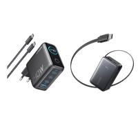 Chargeur Anker (140 W, 4 ports, PD 3.1) avec câble USB-C + Batterie externe Anker Nano (10K, 45 W, câble USB-C rétractable intégré)