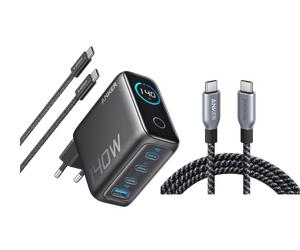Chargeur Anker (140 W, 4 ports, PD 3.1) avec câble USB-C + Câble USB-C vers USB-C Anker Prime (240 W, design tressé et recyclé)