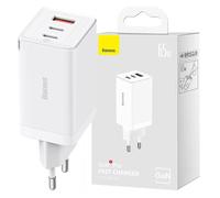 Baseus Chargeur secteur GaN5 Pro – 65W, 2x USB‑C + USB‑A, PD/QC, câble 1m, Blanc