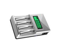 Chargeur de Piles AA AAA Affichage Numérique, à 4 Compartiments | Chargeur Intelligent, Charge Lente Intégrée, Boîtier Plastique Argenté, pour Batteries Aaa