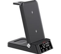 Chargeur de téléphone portable, Chargeur sans fil 4 en 1, Charge sans fil 15W, Station de charge pliable, Avec horloge, Convient pour Apple, Noir