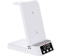 Chargeur de téléphone portable, Chargeur sans fil 4 en 1, Charge sans fil 15W, Station de charge pliable, Avec horloge, Convient pour Apple, Blanc