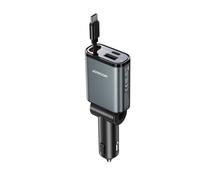 Chargeur de voiture 3 en 1 avec câble rétractable USB-A/USB-C - Gris foncé
