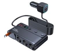 Chargeur de voiture 3 prises pour allume-cigare avec PD45W, QC3.0 18W, Double USB + Type-C, Câble rétractable, Voltmètre numérique, Puissance totale 228W