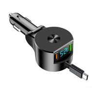 Chargeur de voiture 66 W avec câble rétractable | Adaptateur de charge rapide PD 30 W | Double ports USB .0 | Corps en alliage d'aluminium | Affichage numérique pour tablettes iPhone | Noir (PD30W +