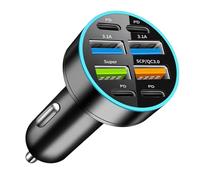 Chargeur de Voiture numérique 66 W - Chargeur Rapide PD avec 6 Sorties et Effet Halo | Adaptateur USB Multi-Ports, Affichage numérique pour la de la Tension