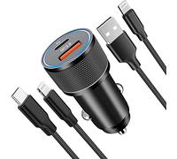 Chargeur de voiture pour iPhone, 38 W certifié Apple MFi, adaptateur de chargeur de voiture USB C PD3.0 et QC3.0 avec 2 câbles Lightning pour iPhone 14 14 Pro Max 13 12 11 XS Max XR X 8 7, iPad