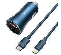 Chargeur de voiture rapide USB-C/USB PD QC 40 W + câble pour iPhone, bleu