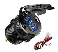 Chargeur de Voiture Rapide USB Deux QC3.0 USB les Ports, 12V / 24V 36W Étanche avec voltmètre numérique LED pour Moto, Caravane, Camion, Bateau et Plus