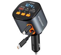 Chargeur de voiture rétractable 5 en 1, chargeur rapide de téléphone 90 W, adaptateur transmetteur FM Bluetooth 5.3, appels mains libres, 2 câbles rétractables et chargeurs USB pour iPhone 15/14/13