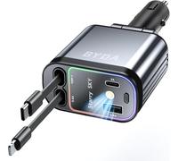 Chargeur de Voiture rétractable, Adaptateur de Charge Rapide 4 en 1 pour iPhone 17 16 15 14 13 12 Galaxy Pixel 2 Câbles rétractables compatibles avec Les appareils (USB-C & Light-ning Red Light)