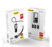 Chargeur de voiture USB 3 en 1 + câble USB-C, micro-USB et Lightning intégré, no