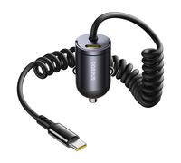 Chargeur de voiture USB-C avec câble USB-C spiralé intégré de 30 W - Noir