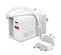 Chargeur de Voyage 3-en 1 GaN 65W avec Cable Intégré Double Port USB-C et USB Blanc