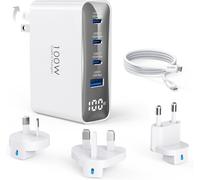 Chargeur De Voyage Usb-C 100W, Adaptateur De Voyage Pliable À 4 Ports Avec Prises Uk/Eu/Au, Charge Rapide Pour Macbook Pro/Air, Ipad Pro, Pour Iphone 15/14/13, Pour Galaxy 45W Pps, Blanc