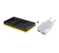 Chargeur double pour 2 batteries d'appareil photo compatibles avec Olympus BLN-1 + adaptateur USB 230V pratique à 2 ports
