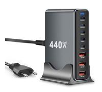 Chargeur GaN Desktop 440W, Station de Charge Rapide 8 Ports | Port USB-C Monocible 100W Max(5 USB-C + 3 USB-A), pour MacBook Pro/Air, iPhone 16/15, Samsung, Dell XPS, HP, Tablettes