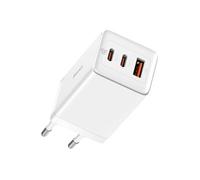 Baseus Chargeur secteur GaN5 Pro – 65W, 2x USB‑C + USB‑A, PD/QC, câble 1m, Blanc