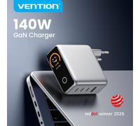 Chargeur GaN Vention 140W avec écran intelligent, chargeur USB C pour iPhone 16 15 14 Xiaomi Samsung Galaxy Ordinateur portable Téléphone EU Plug Gray