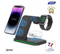 Chargeur induction 3 en 1 BCSK® 15W | Station sans fil de recharge rapide, Pliable | Compatible iPhone, Samsung, iWatch, AirPods