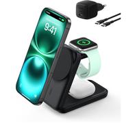 Belkin UltraCharge Chargeur Induction 3 en 1 Qi2, Station de Charge Magnétique 25W, Chargeur sans Fil avec MagSafe pour iPhone 17, iPhone Air, Apple Watch, AirPods, Pixelsnap avec Chargeur 45W, Noir