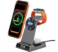 Chargeur Induction 3-en-1 de 25 W Compatible avec MagSafe, Station de Charge Magnétique avec Horloge pour iPhone 17 Pro Max/16/15/14, Chargeur sans Fil pour Apple Watch et AirPods, SwanScout C02M
