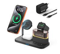Chargeur Induction 3 en 1 Qi2 Magnétique 15W pour iPhone 17/16/15 Pro Max, AirPods 4/3/2/Pro et Apple Watch S10/9/8, Station de Charge Rapide sans Fil avec Réveil et Lumière RGB