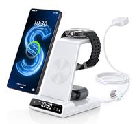 Chargeur Induction Fil pour Samsung Galaxy S24 Ultra/S25, Chargeur sans Fil avec Horloge numérique pour Samsung Galaxy Watch 8/7, Wireless Charger pour Galaxy S23, Fold 7/Flip 4, Active 2 (Blanc)