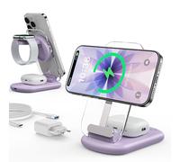Chargeur Mag Safe, Station de Charge Apple Watch et iPhone, Station de Charge 3 en 1 Compatible avec iPhone 17e 17 16 15 14 13 12 Pro Max/Air/Plus/Pro, pour Apple Watch 10/9, Airpods 3/2/Pro, Violet