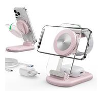 Chargeur Mag Safe, Station de Recharge et iPhone, 3 en 1 Compatible avec iPhone 17 16 15 14 13 12 Pro Max/Air/Plus/Pro, pour Apple Watch 10/9, Airpods 3/2/Pro, Pliable, Rose